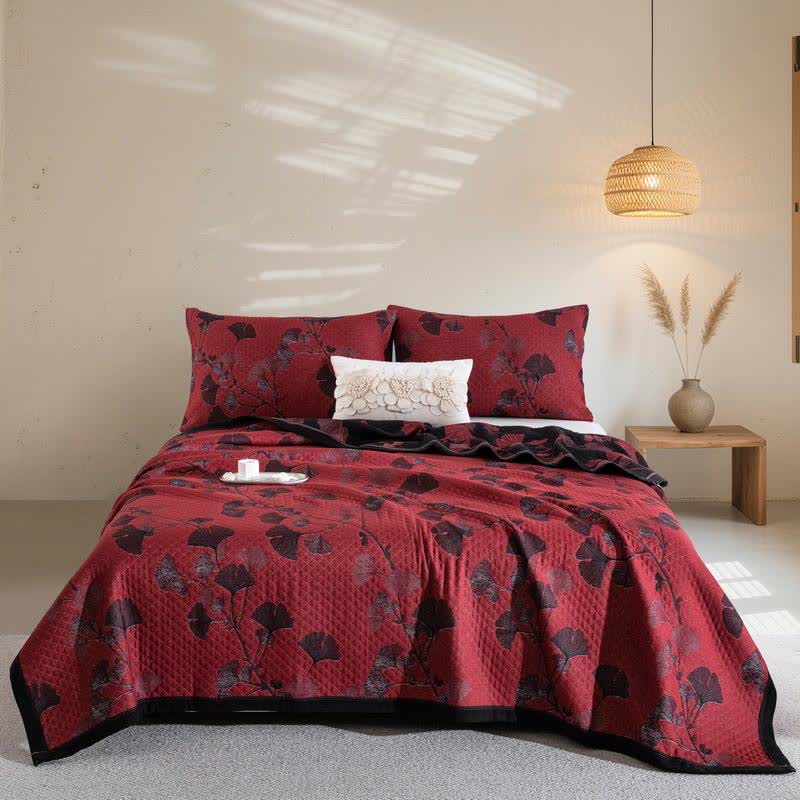 Ginkgo Leaf Organic Cotton Reversible Quilt - Red - 2PCS Pillowcases - 20" x 36" - image 0
