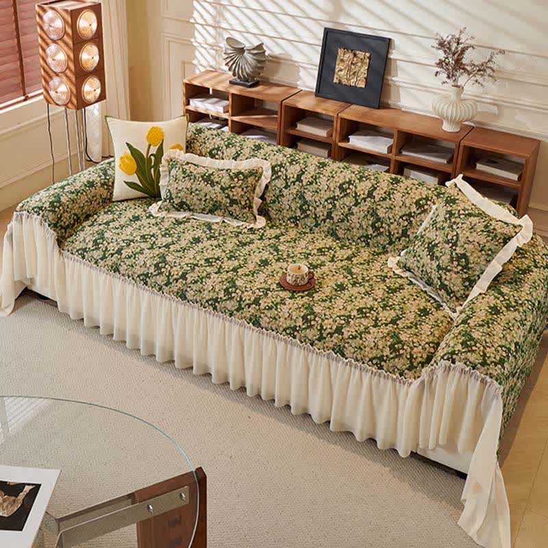 Green Floral Ruffled Sofa Protector - image 2