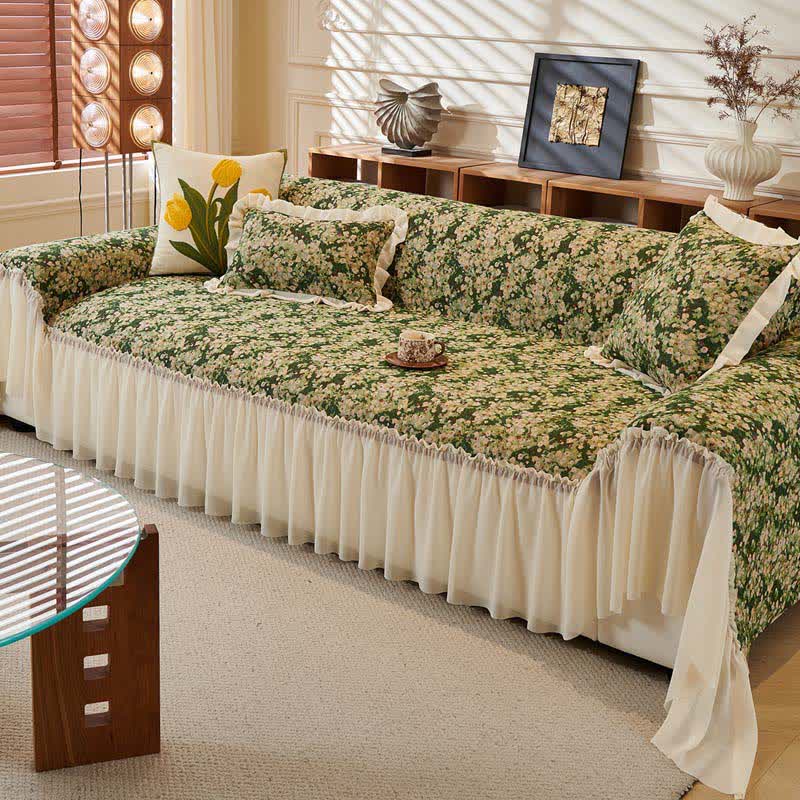 Green Floral Ruffled Sofa Protector - image 1
