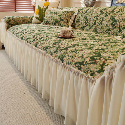 Green Floral Ruffled Sofa Protector - 71" x 134" - image 0