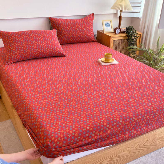 Maple Leaf Cotton Gauze Fitted Sheet - Sheet with 2PCS Pillowcases - Queen - image 0