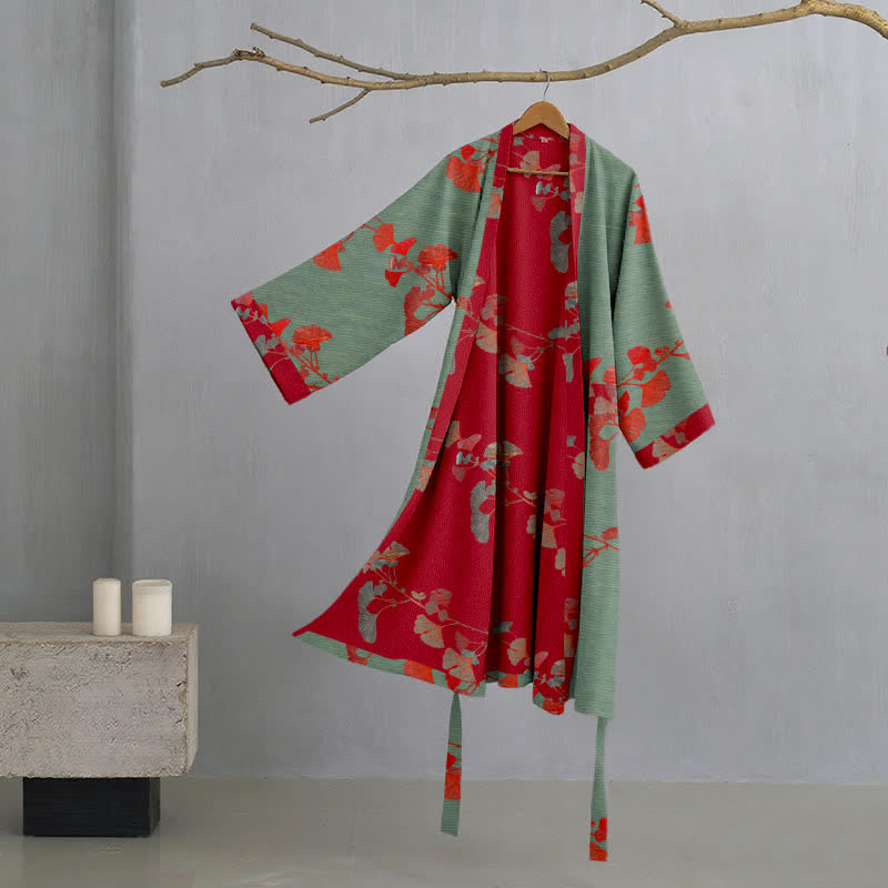 Ginkgo Leaf Organic Cotton Kimono Robe - Green & Red - 2XL - image 17