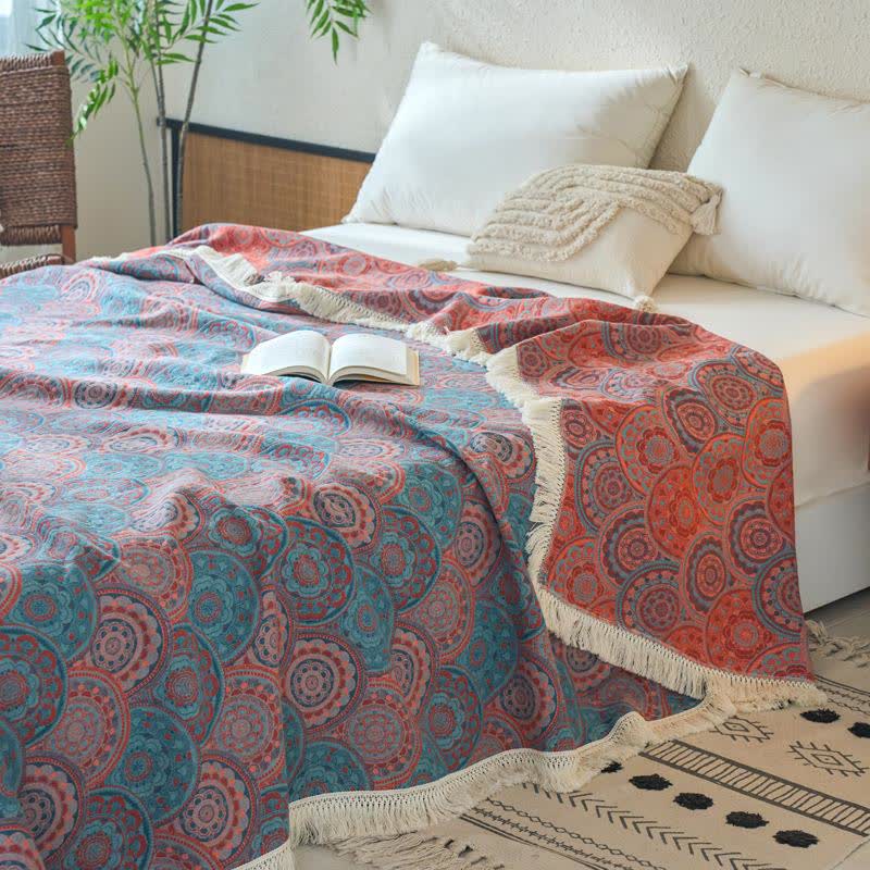 Vintage Circular Pattern Cotton Linen Quilt - Queen - image 0