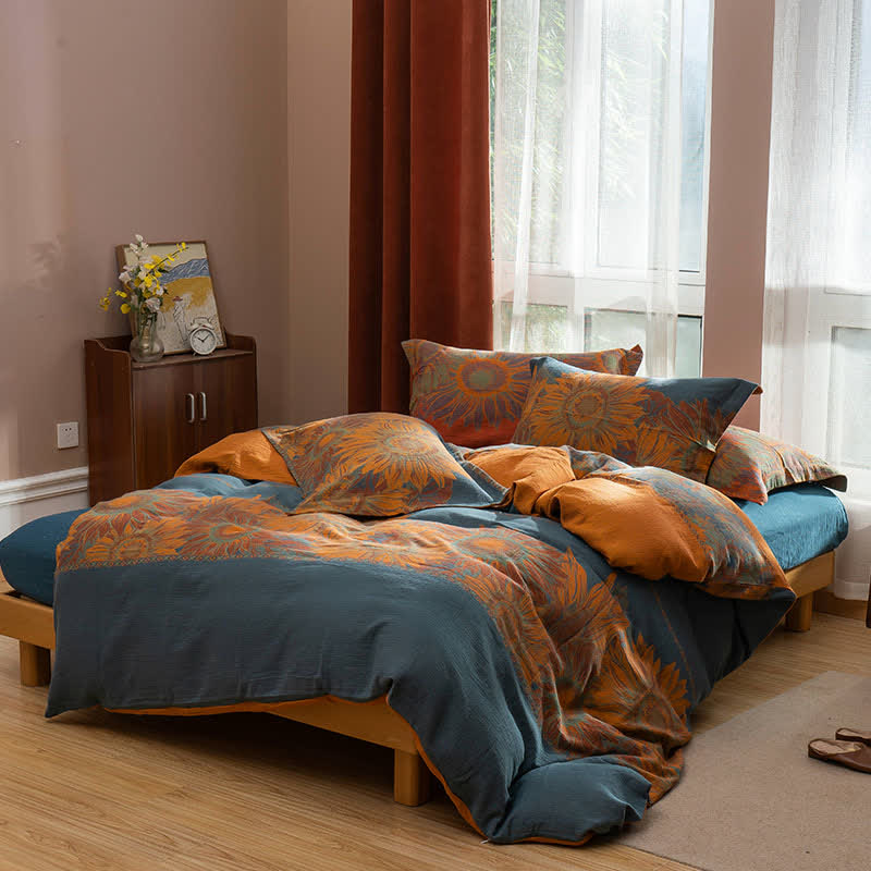 Pastoral Sunflower Jacquard Cotton Bedding Set(4PCS) - Blue & Orange - King - image 3