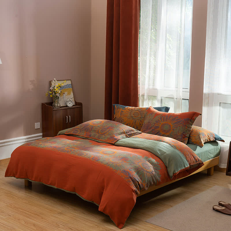 Pastoral Sunflower Jacquard Cotton Bedding Set(4PCS) - Red & Green - King - image 2