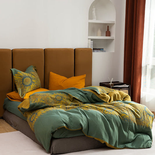 Pastoral Sunflower Jacquard Cotton Bedding Set(4PCS) - Green & Yellow - King - image 0