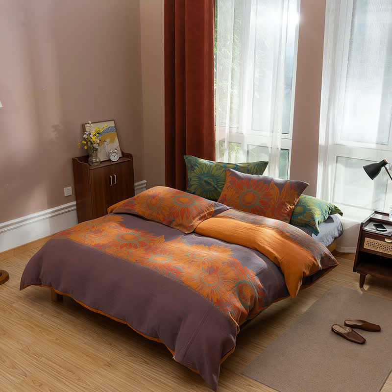 Pastoral Sunflower Jacquard Cotton Bedding Set(4PCS) - Purple & Orange - King - image 1