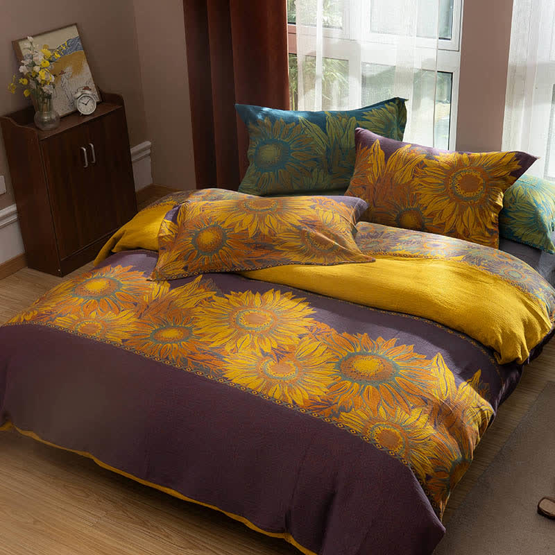 Pastoral Sunflower Jacquard Cotton Bedding Set(4PCS) - Purple & Yellow - King - image 5
