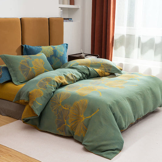 Ginkgo Jacquard Cotton Reversible Bedding Set(4PCS) - Green & Yellow - King - image 0
