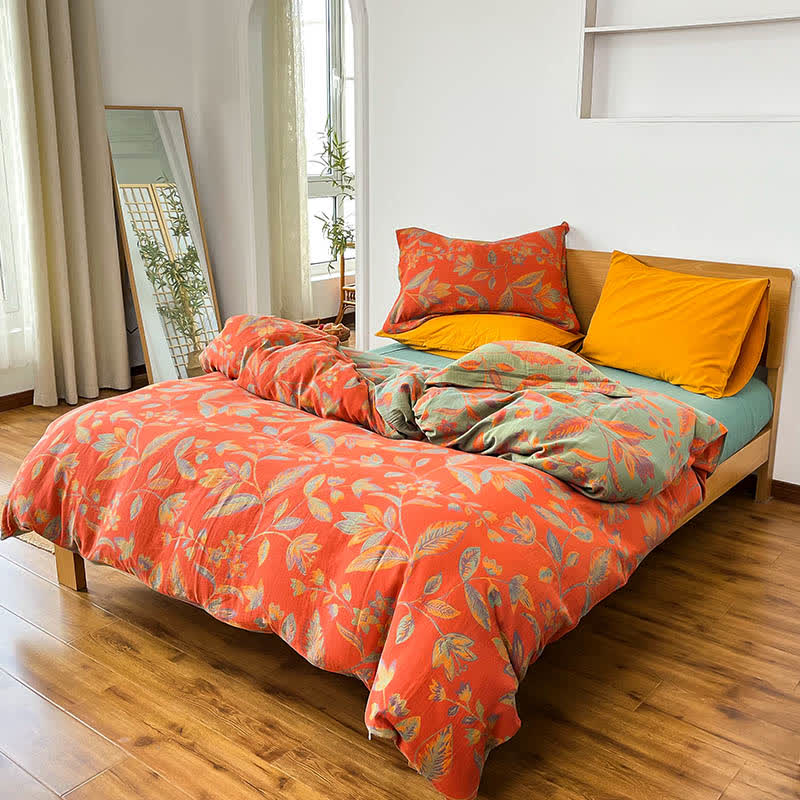 Botanical Leaf Jacquard Cotton Bedding Set(4PCS) - Red & Green - King - image 2