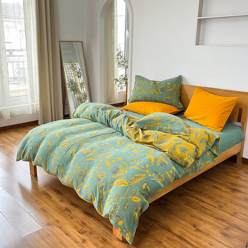 Botanical Leaf Jacquard Cotton Bedding Set(4PCS) - Green & Yellow - King - image 6