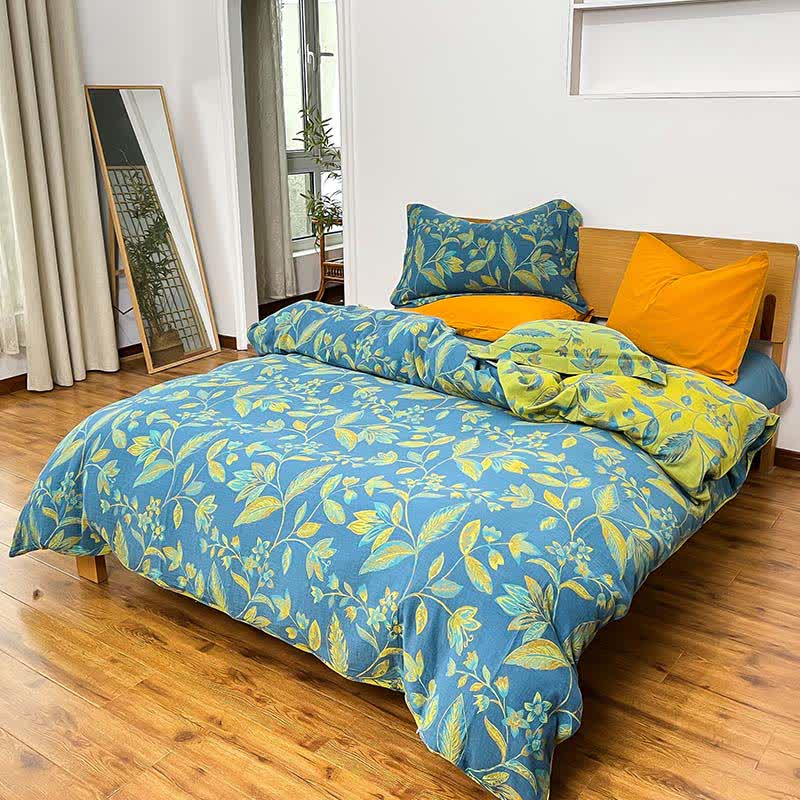 Botanical Leaf Jacquard Cotton Bedding Set(4PCS) - Blue & Green - King - image 4