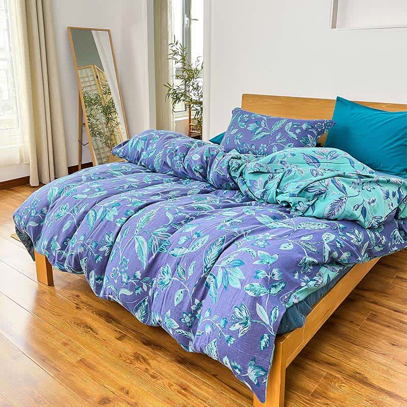 Botanical Leaf Jacquard Cotton Bedding Set(4PCS) - Purple & Lake Blue - King - image 7