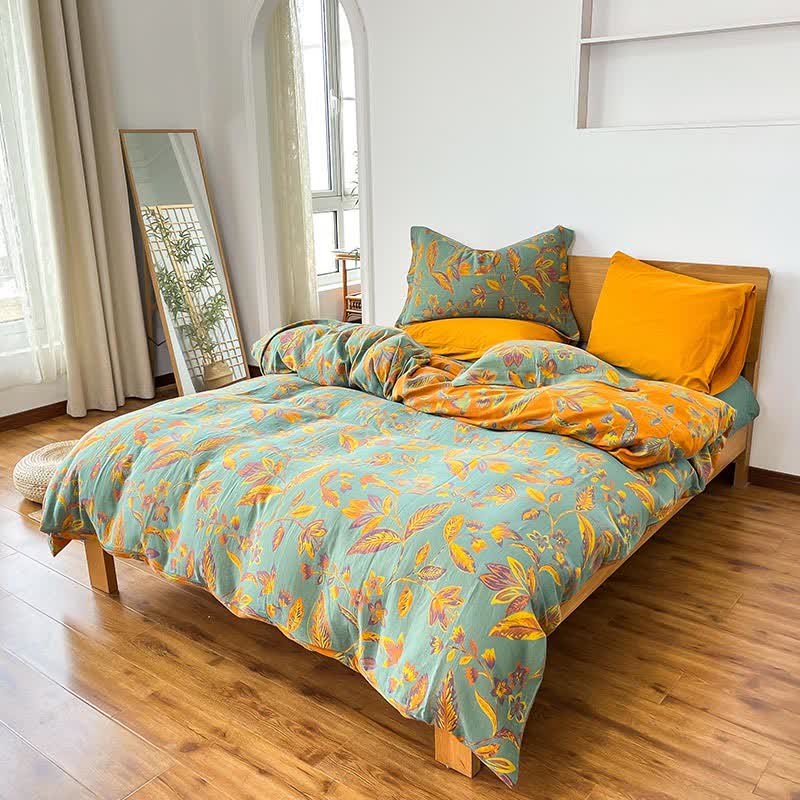 Botanical Leaf Jacquard Cotton Bedding Set(4PCS) - Green & Orange - King - image 0