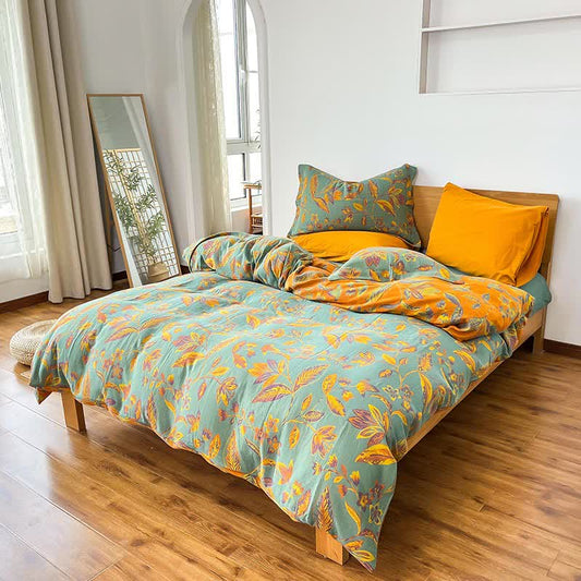 Botanical Leaf Jacquard Cotton Bedding Set(4PCS) - Green & Orange - King - image 0