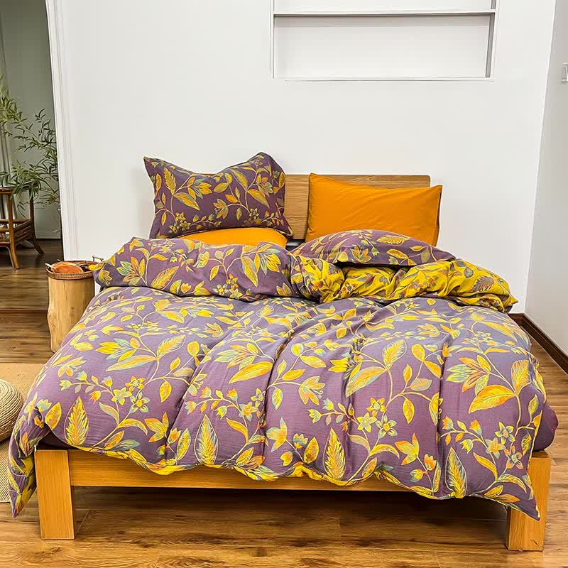 Botanical Leaf Jacquard Cotton Bedding Set(4PCS) - Purple & Yellow - King - image 5