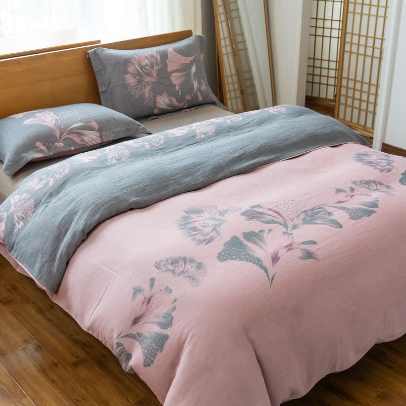 Ginkgo-inspired Cotton Gauze Bedding Set(4pcs) - Light Pink - King - image 21
