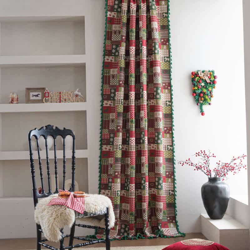 Patchwork Christmas-inspired Print Tassel Curtain - image 1