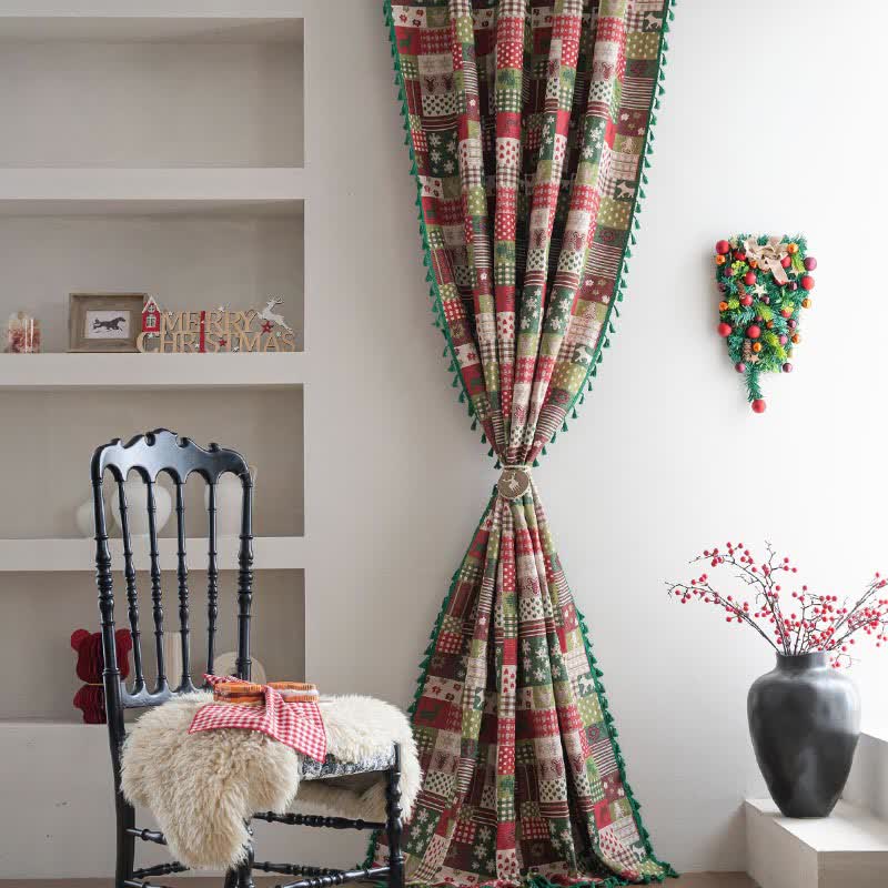 Patchwork Christmas-inspired Print Tassel Curtain - image 2