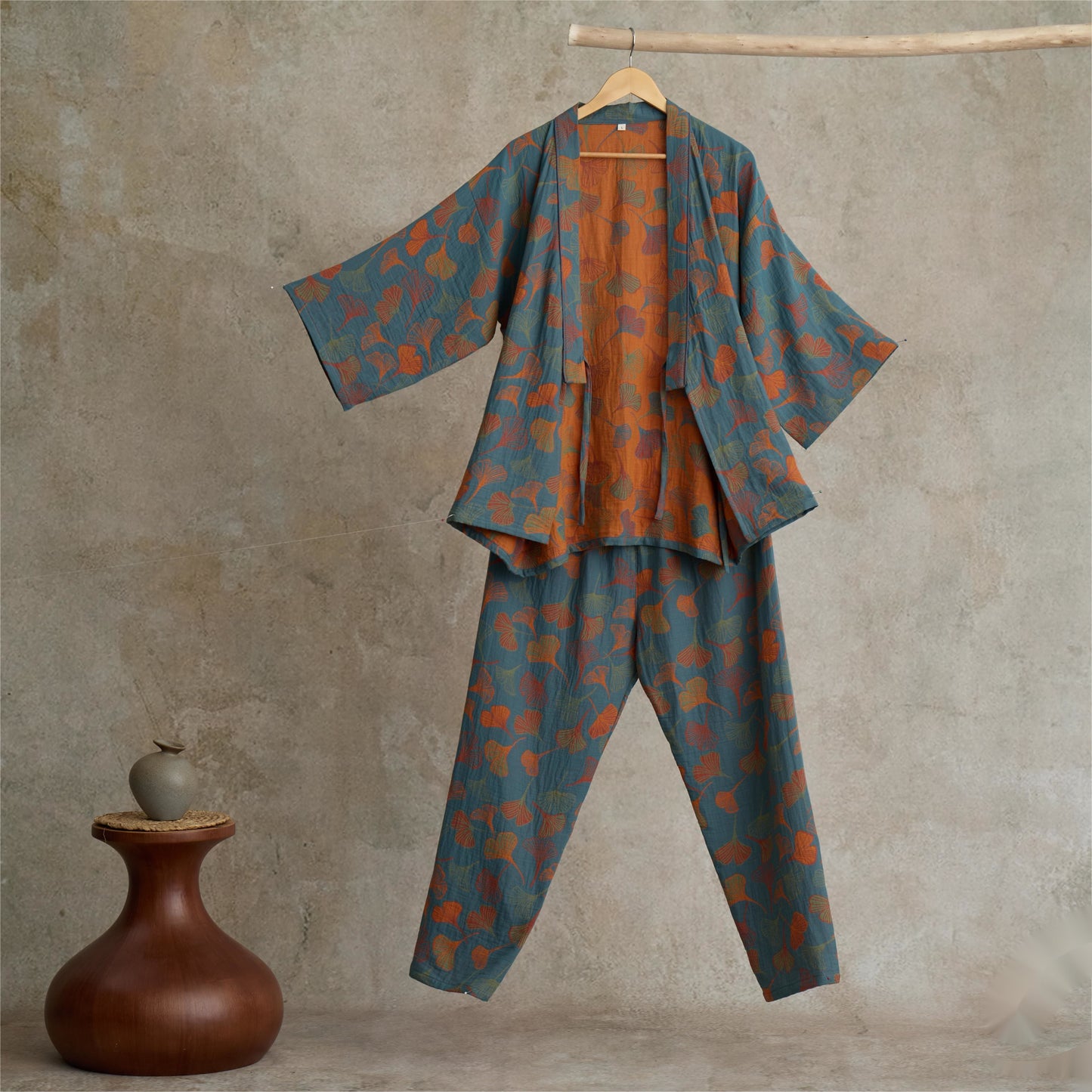 Ginkgo Cotton Gauze Kimono Loungewear Set - Blue - XL - image 6