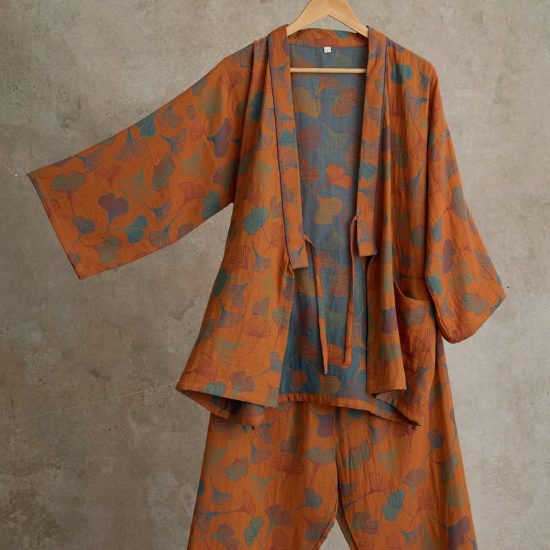 Ginkgo Cotton Gauze Kimono Loungewear Set - Orange - XL - image 16