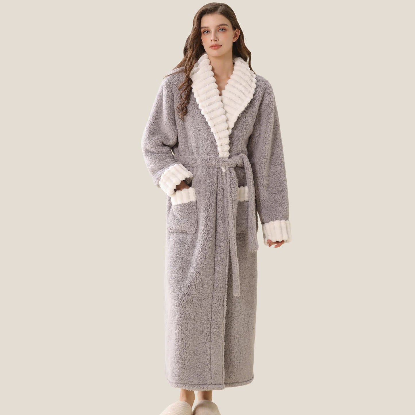 Long Plush Fleece Bathrobe with Pockets - Grey - XL - image 0