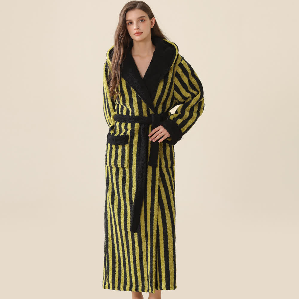 Unisex Striped Hooded Fleece Warm Robe - Black & Green - XL - image 4