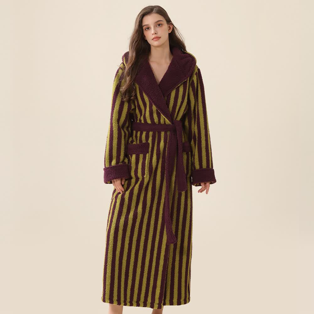 Unisex Striped Hooded Fleece Warm Robe - Purple & Green - XL - image 6