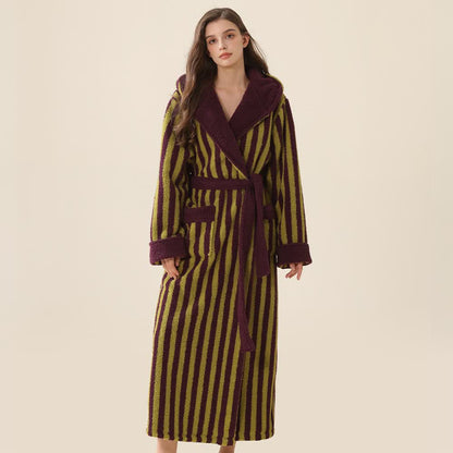 Unisex Striped Hooded Fleece Warm Robe - Purple & Green - XL - image 6