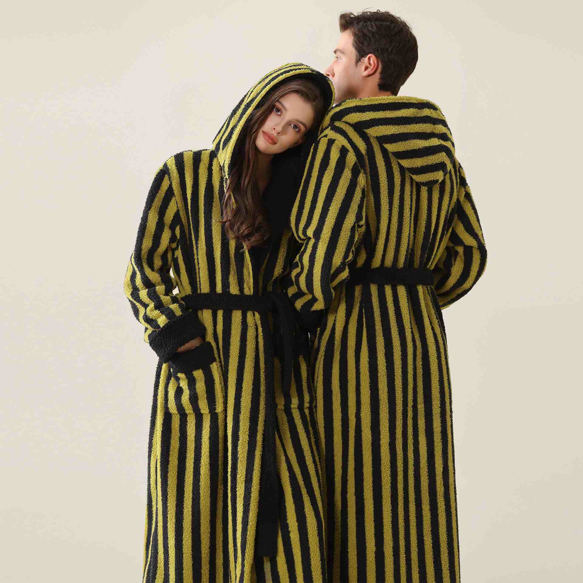 Unisex Striped Hooded Fleece Warm Robe - image 3