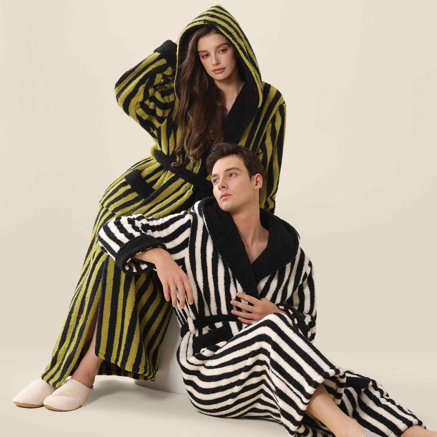 Unisex Striped Hooded Fleece Warm Robe - image 1