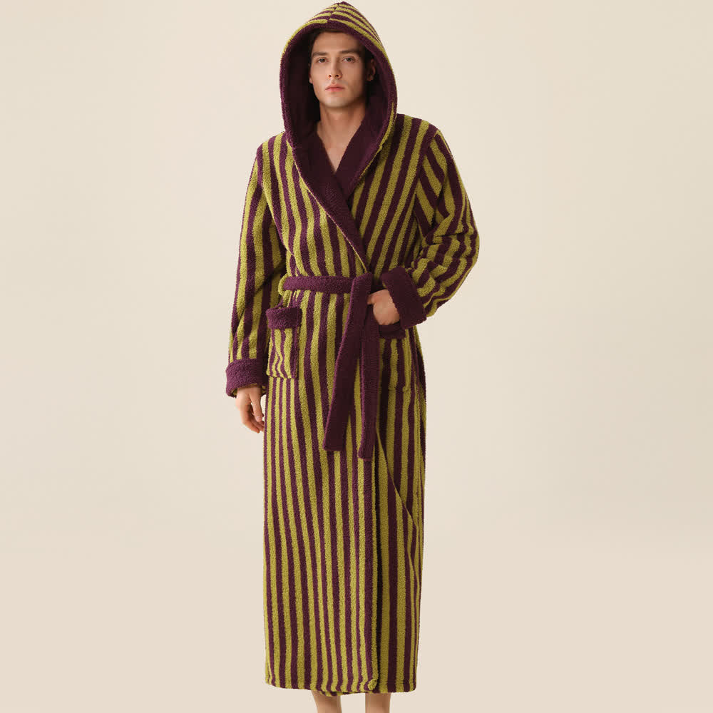 Unisex Striped Hooded Fleece Warm Robe - image 7