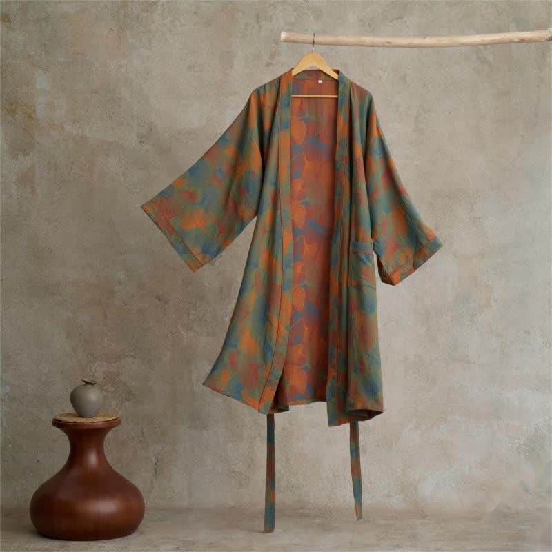 Ginkgo Leaf Print Cotton Kimono Robe - 2XL - image 0