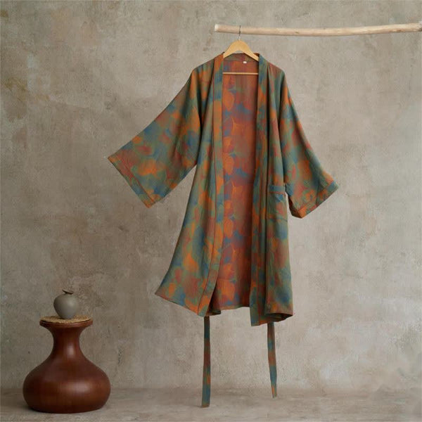Ginkgo Leaf Print Cotton Kimono Robe - 2XL - image 0