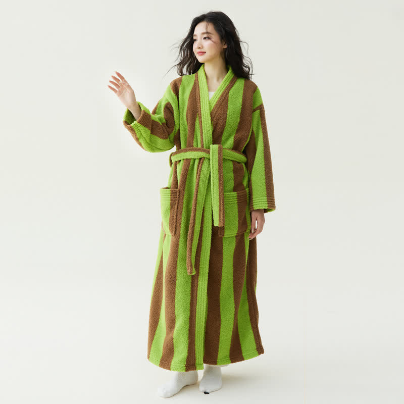 Contrast Stripe Plush Warm Robe - Green - XL - image 3