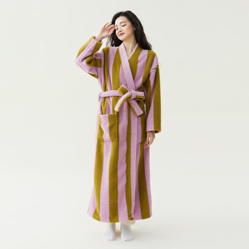 Contrast Stripe Plush Warm Robe - Dark Pink - XL - image 2