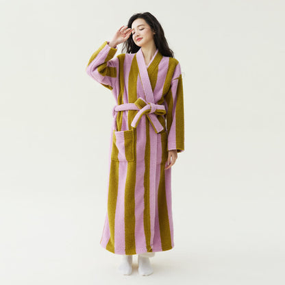 Contrast Stripe Plush Warm Robe - Dark Pink - XL - image 2