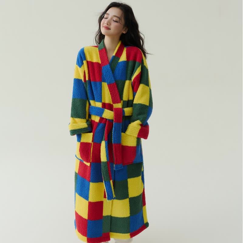 Colorful Plaid Plush Warm Long Robe - image 1