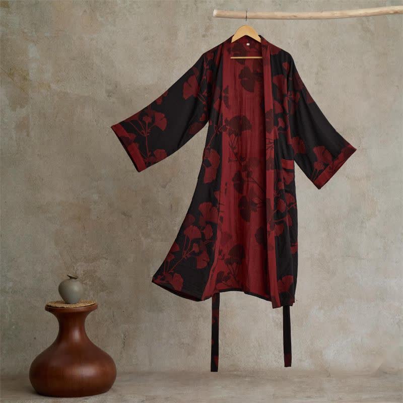 Large Ginkgo Leaf Cotton Kimono Robe - Black & Red - 2XL - image 2