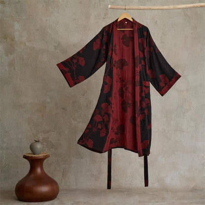 Large Ginkgo Leaf Cotton Kimono Robe - Black & Red - 2XL - image 2