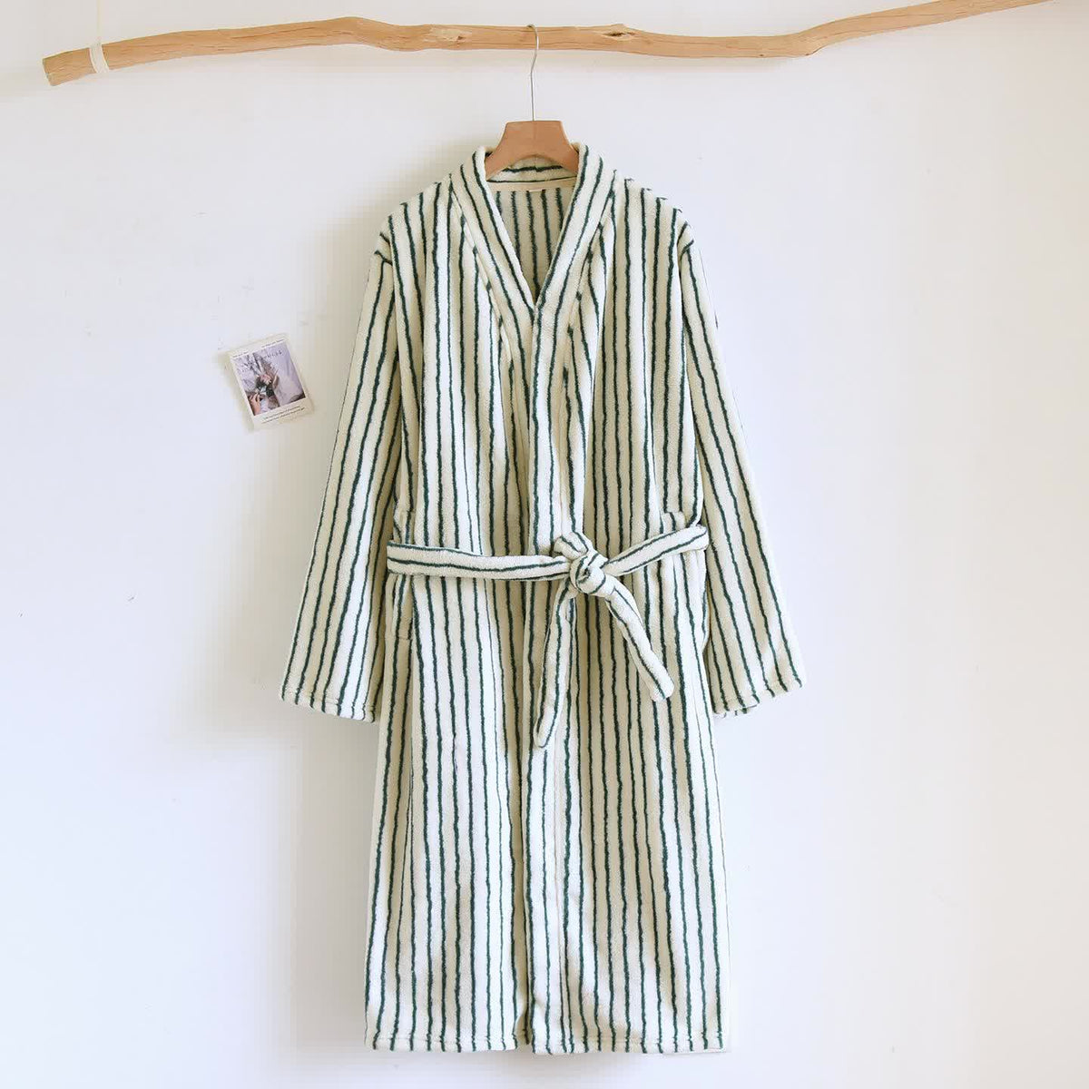 Simple Striped Warm Flannel Bathrobe - Beige & Green - L - image 12