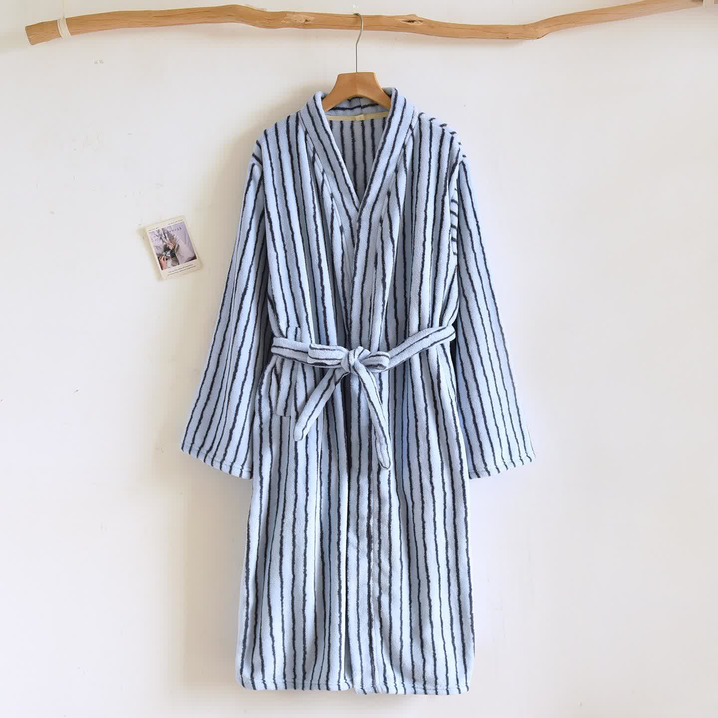 Simple Striped Warm Flannel Bathrobe - Navy Blue - L - image 3