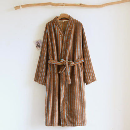 Simple Striped Warm Flannel Bathrobe - Brown & Blue - L - image 14
