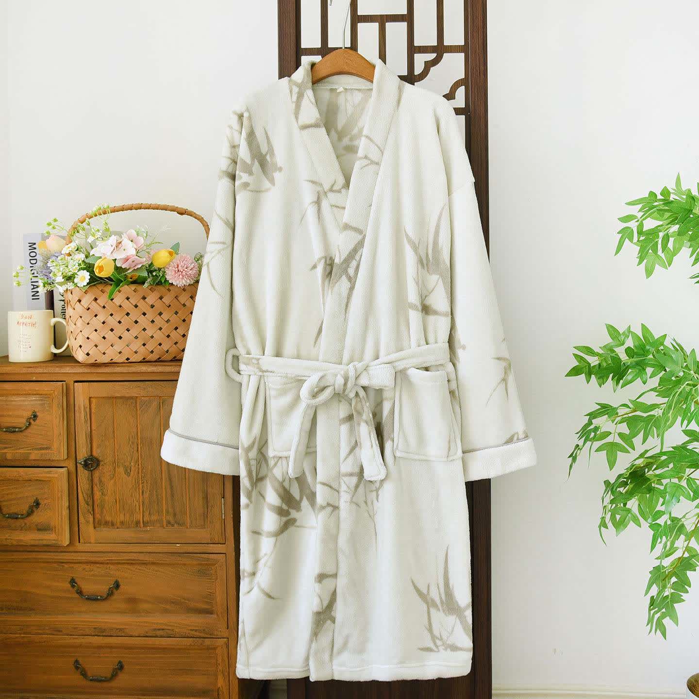 Unisex Bamboo Print Fleece Bathrobe - XL - image 0