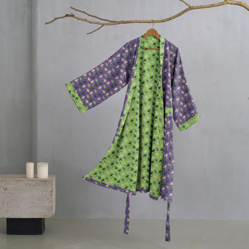 Two-Tone Ginkgo Cotton Gauze Kimono Robe - Purple  &  Green - 2XL - image 20