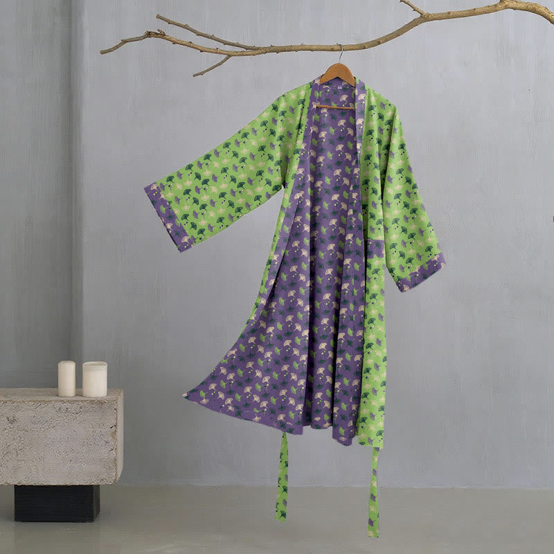 Two-Tone Ginkgo Cotton Gauze Kimono Robe - Green & Purple - 2XL - image 26