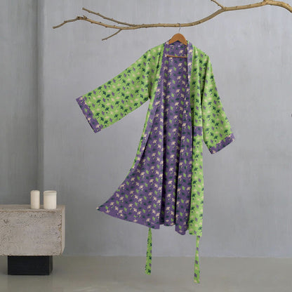 Two-Tone Ginkgo Cotton Gauze Kimono Robe - Green & Purple - 2XL - image 26