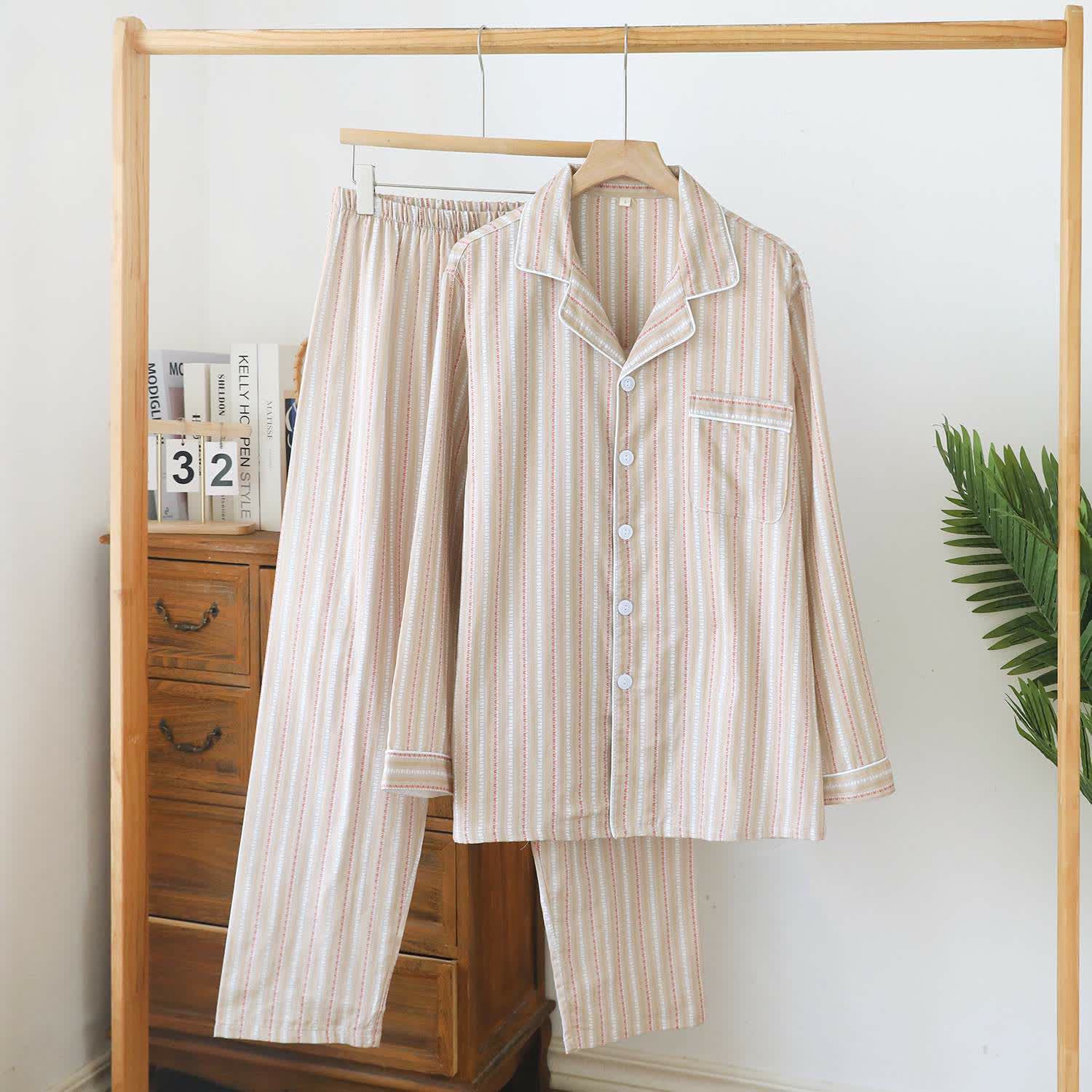 Matching Cotton Gauze Striped Loungewear Set - Khaki - Men - XXL - image 8