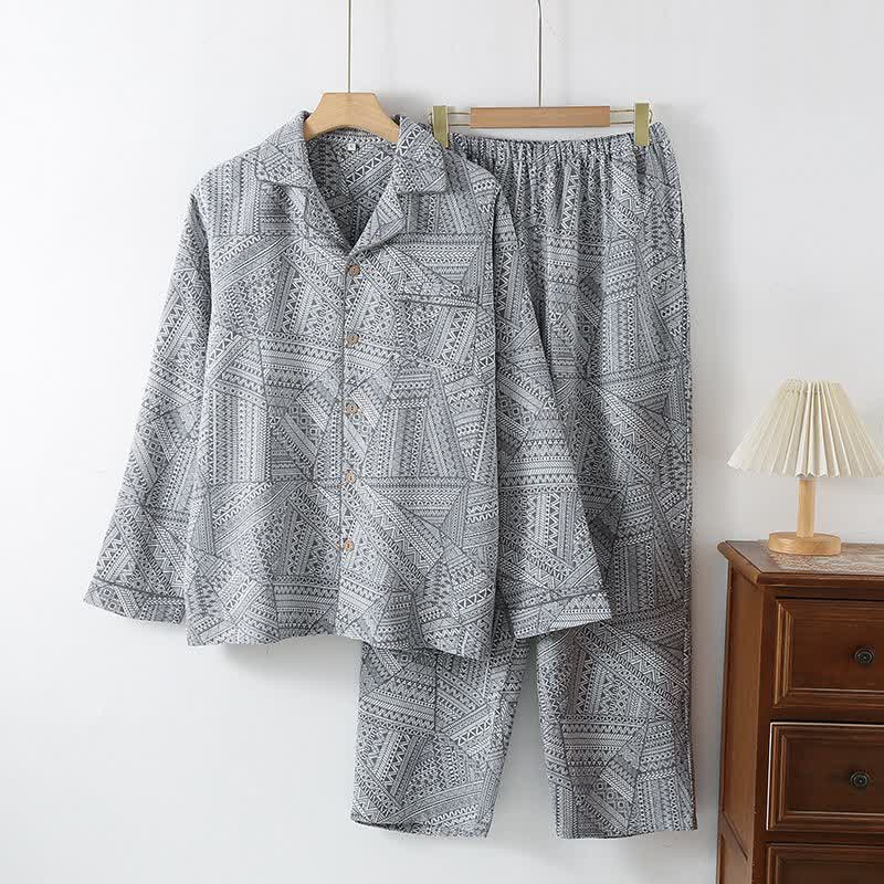 Geometric Pattern Cotton Gauze Loungewear Set - Grey - XXL - image 3