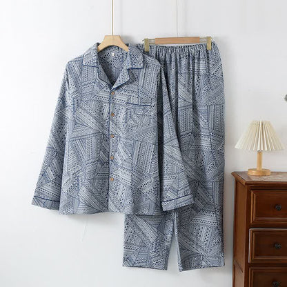 Geometric Pattern Cotton Gauze Loungewear Set - Royal Blue - XXL - image 4